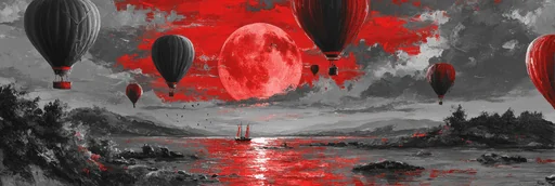 Blood Moon and Black-White Hot Air Balloons Over Beach