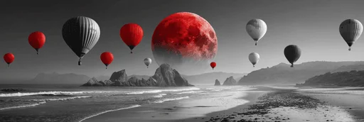 Blood Moon and Black-White Hot Air Balloons Over Beach