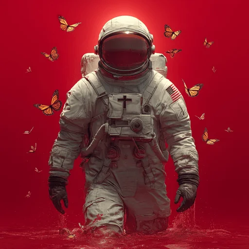 Astronaut Walking Through Water Surrounded by Butterflies