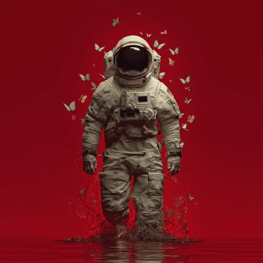Astronaut Walking Through Water Surrounded by Butterflies