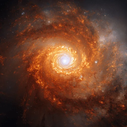 Fiery Orange Spiral Galaxy Around White Sphere
