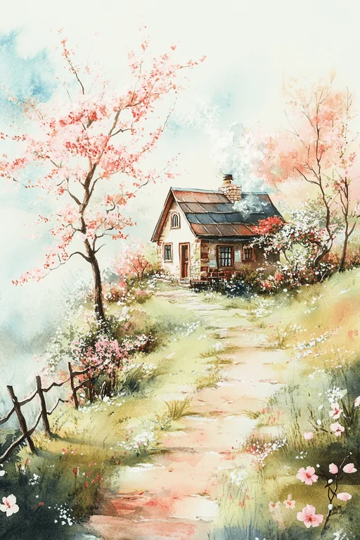 Watercolor Spring Path to Cozy Cottage