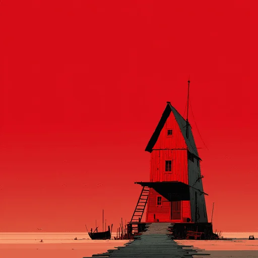 Minimalist Red Village House by Water