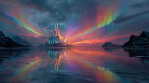 Rainbow Castle Under Vibrant Aurora Lights