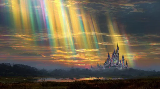 Rainbow Castle Under Vibrant Aurora Lights
