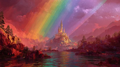 Rainbow Castle Under Vibrant Aurora Lights