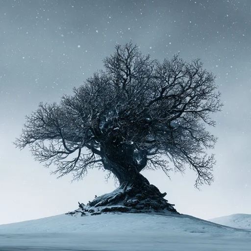 Black Dormant Tree in Snowy Fantasy Landscape