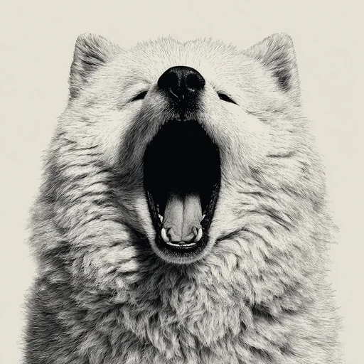 Yawning White Fluffy Dog Close-Up