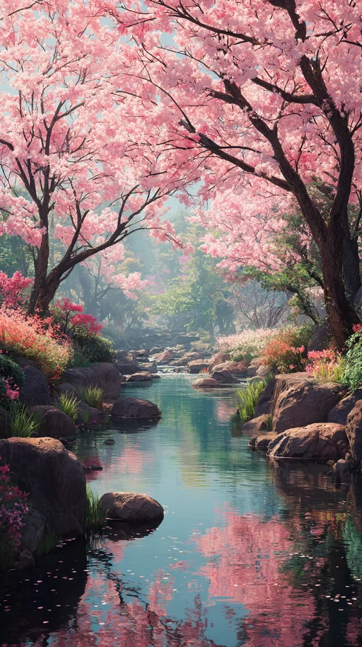 Cherry Blossoms by Tranquil Riverbanks