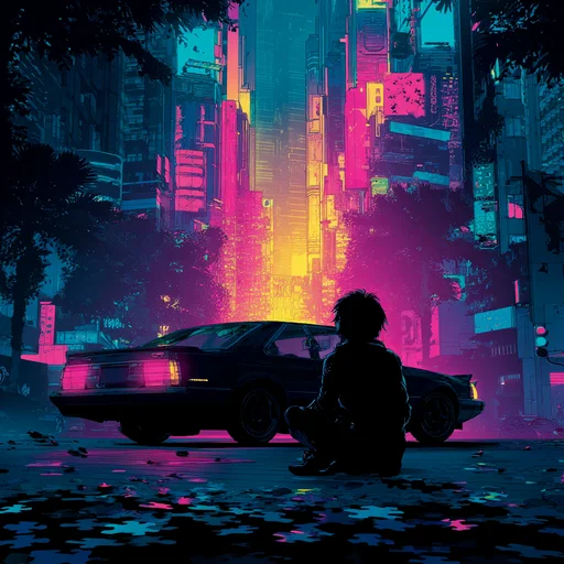 Neon Cityscape with Vintage Car and Contemplative Figure