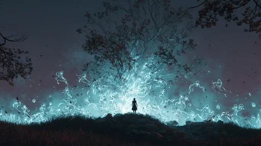 Ethereal Spirits Surrounding a Luminous Tree