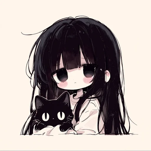 Chibi Girl with Black Cat